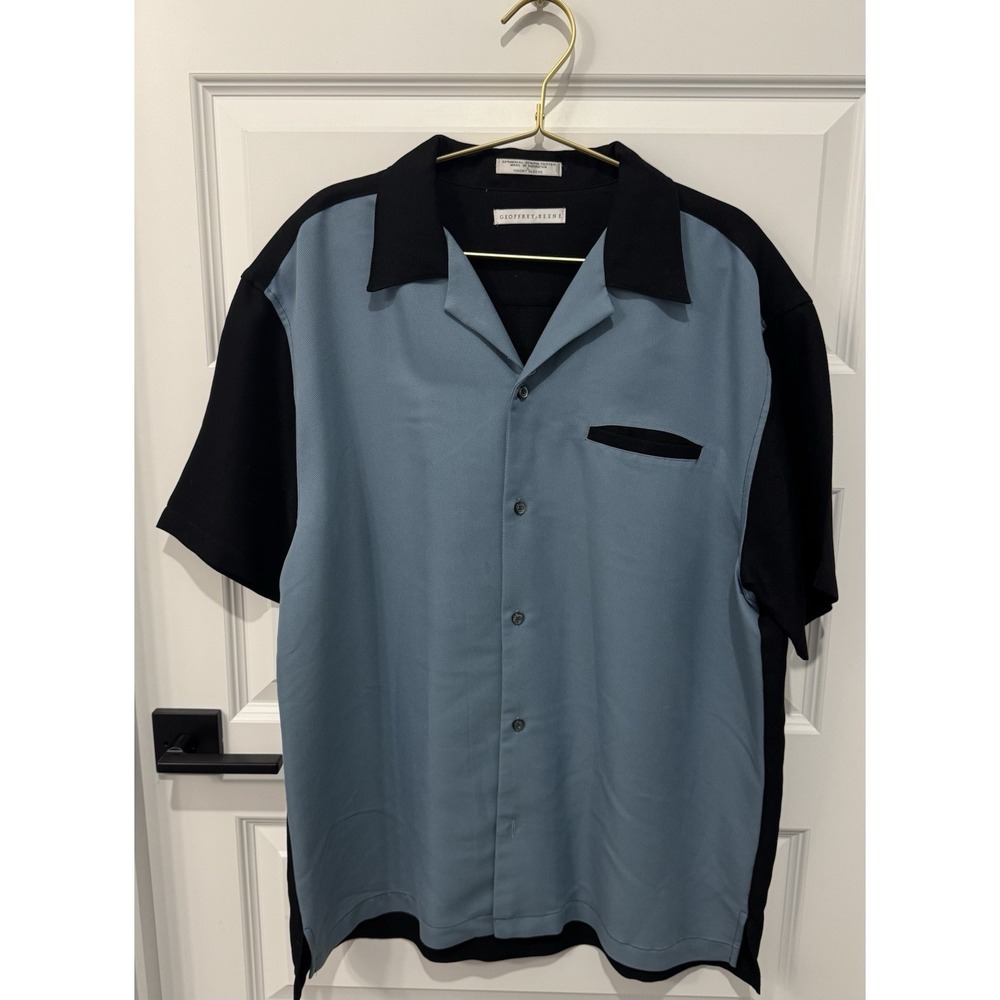 Geoffrey Beene Men's Colorblock Short Sleeve Button Up Shirt Blue Black Large L - Picture 2 of 5